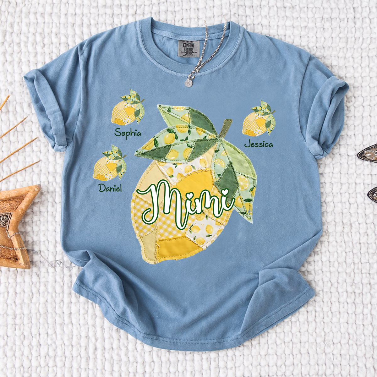 Comfort Colors Personalized Mimi Lemon Shirt with Grandkids Names, Custom Grandma Lemon Patchwork T Shirt for Women, Summer Family Gift
