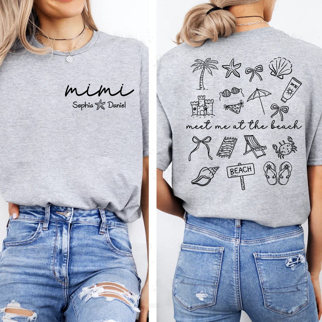 Personalized Mimi Beach Shirt with Grandkids Names, Meet Me at the Beach Back Print Tee, Custom Coastal Summer Gift for Grandma
