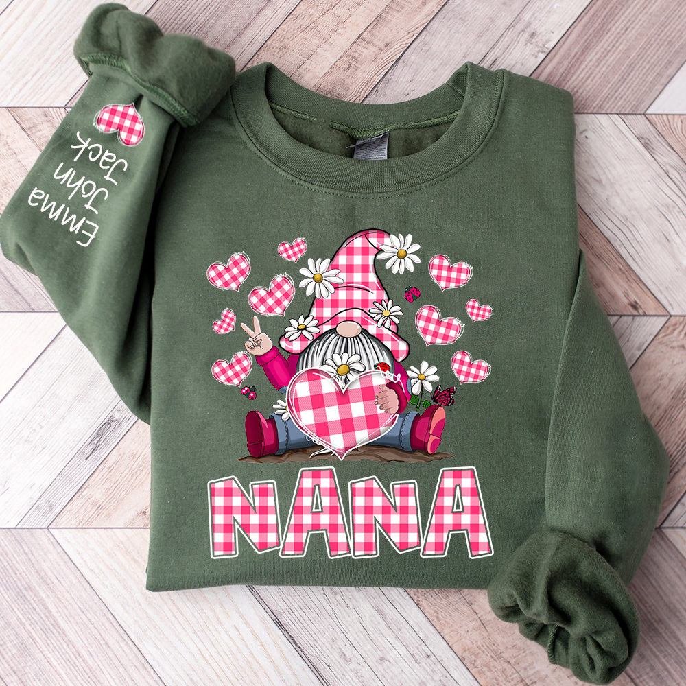 Pink Checkered Valentine's Day sweatshirt For Nana, Cute Gnome Dwarf Heart Design, Family love, Gift for Grandma