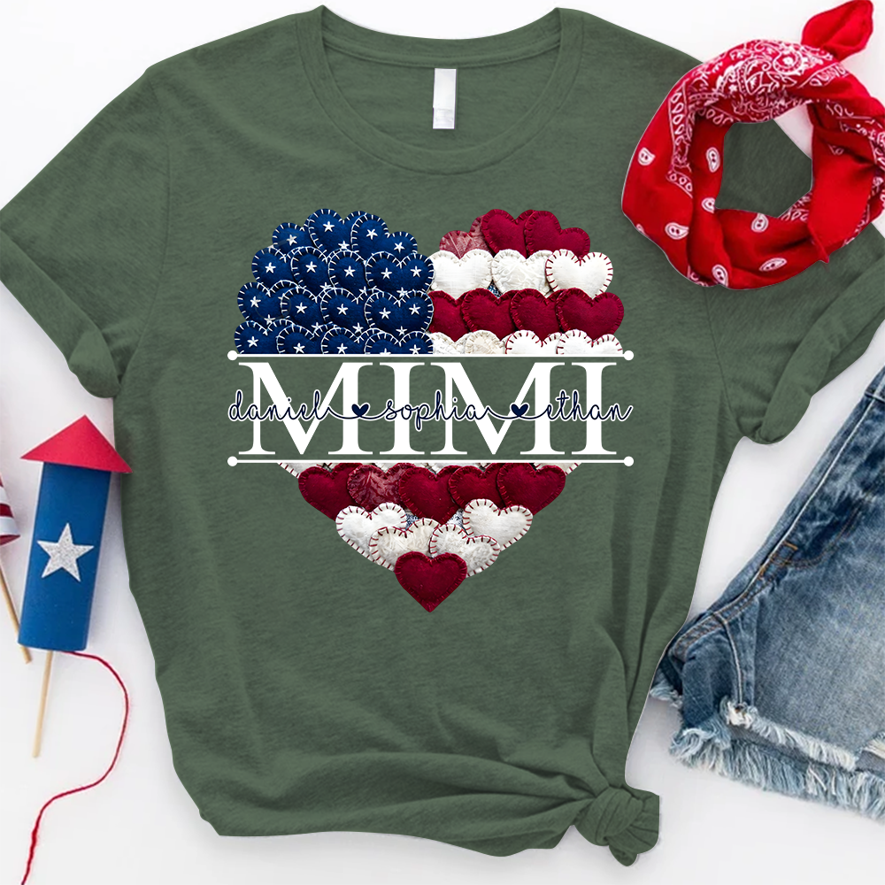 Personalized Mimi T Shirt, American Flag Heart Design, Custom Family Names Shirt
