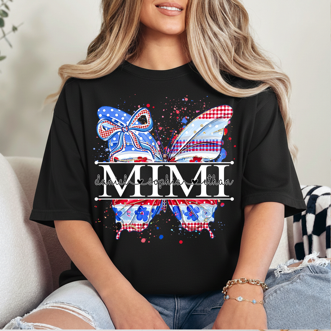 Custom Patriotic Butterfly Mimi T-Shirt, Personalized Grandma Shirt with Red White Blue USA Design