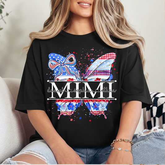 Custom Patriotic Butterfly Mimi T-Shirt, Personalized Grandma Shirt with Red White Blue USA Design