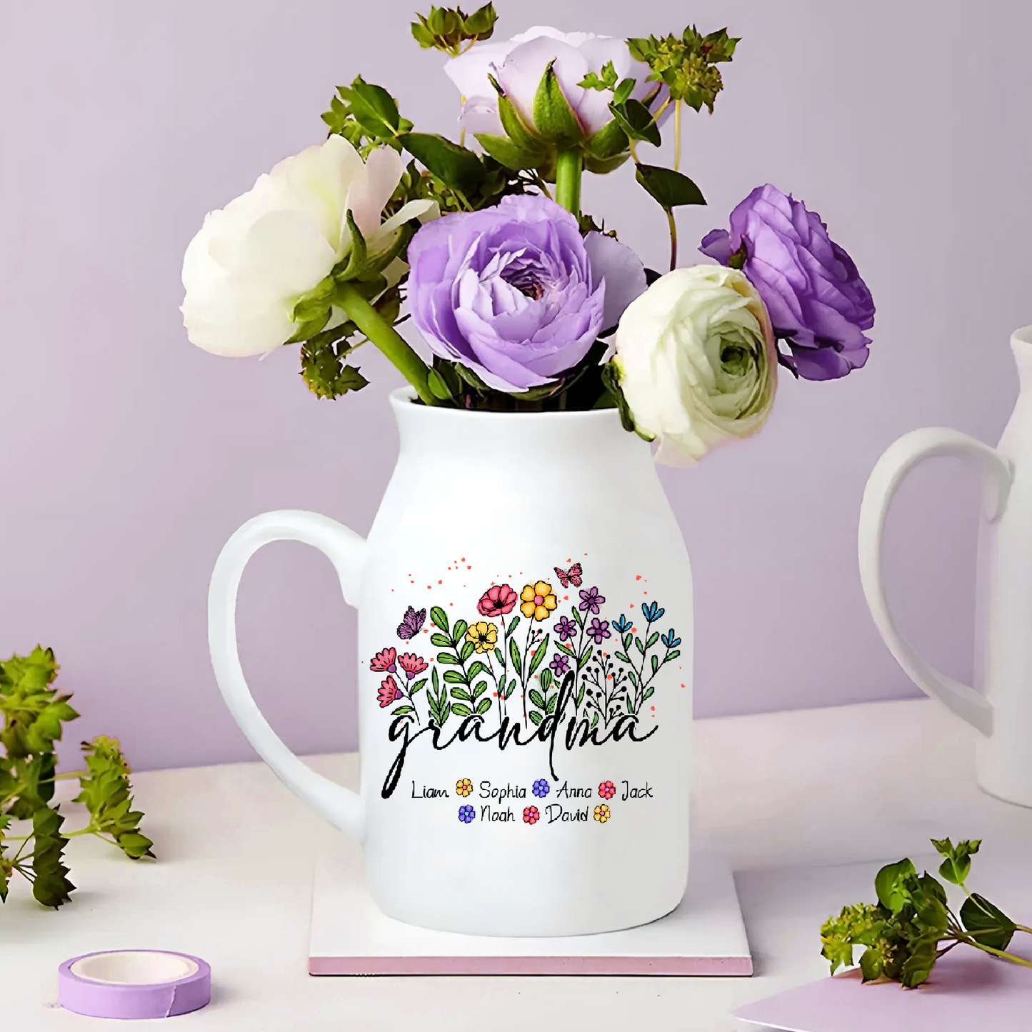 Flowers Grandma And Kids - Custom Home Decoration Flower Vase According To Family Requirements - Warm Gift For Mother's Day, Ceramic Flower Vase
