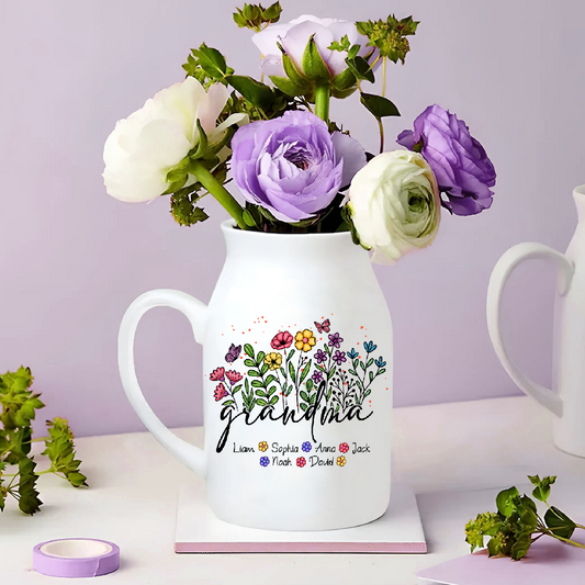 Flowers Grandma And Kids - Custom Home Decoration Flower Vase According To Family Requirements - Warm Gift For Mother's Day, Ceramic Flower Vase