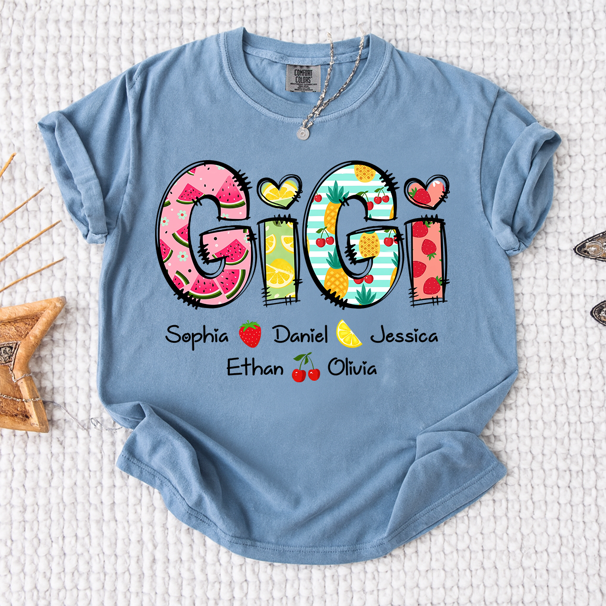 Comfort Colors Custom Gigi Shirt with Kids Names, Personalized Grandma Summer T Shirt, Fruit Pattern Graphic Tee for Nana Mimi Grammy