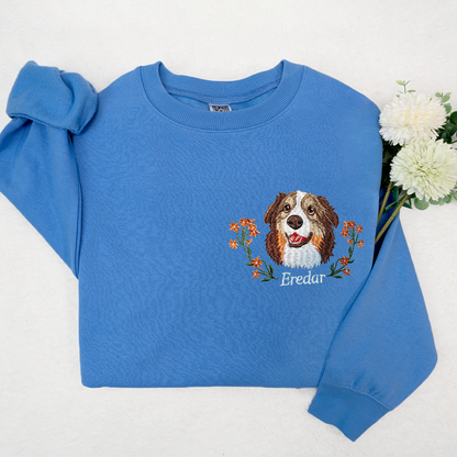 Custom Dog Portrait Embroidered Sweatshirt, Personalized Pet Face and Pet name Sweatshirt