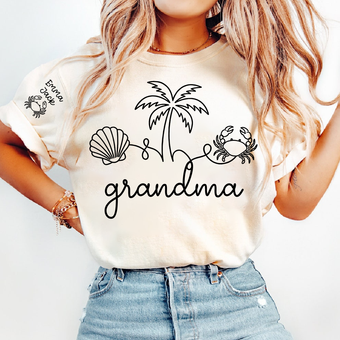 Personalized Grandma Beach Shirt, Custom Grandkids Names Sleeve Tee, Coastal Grandma T Shirt, Ocean Lover Gift for Grandma