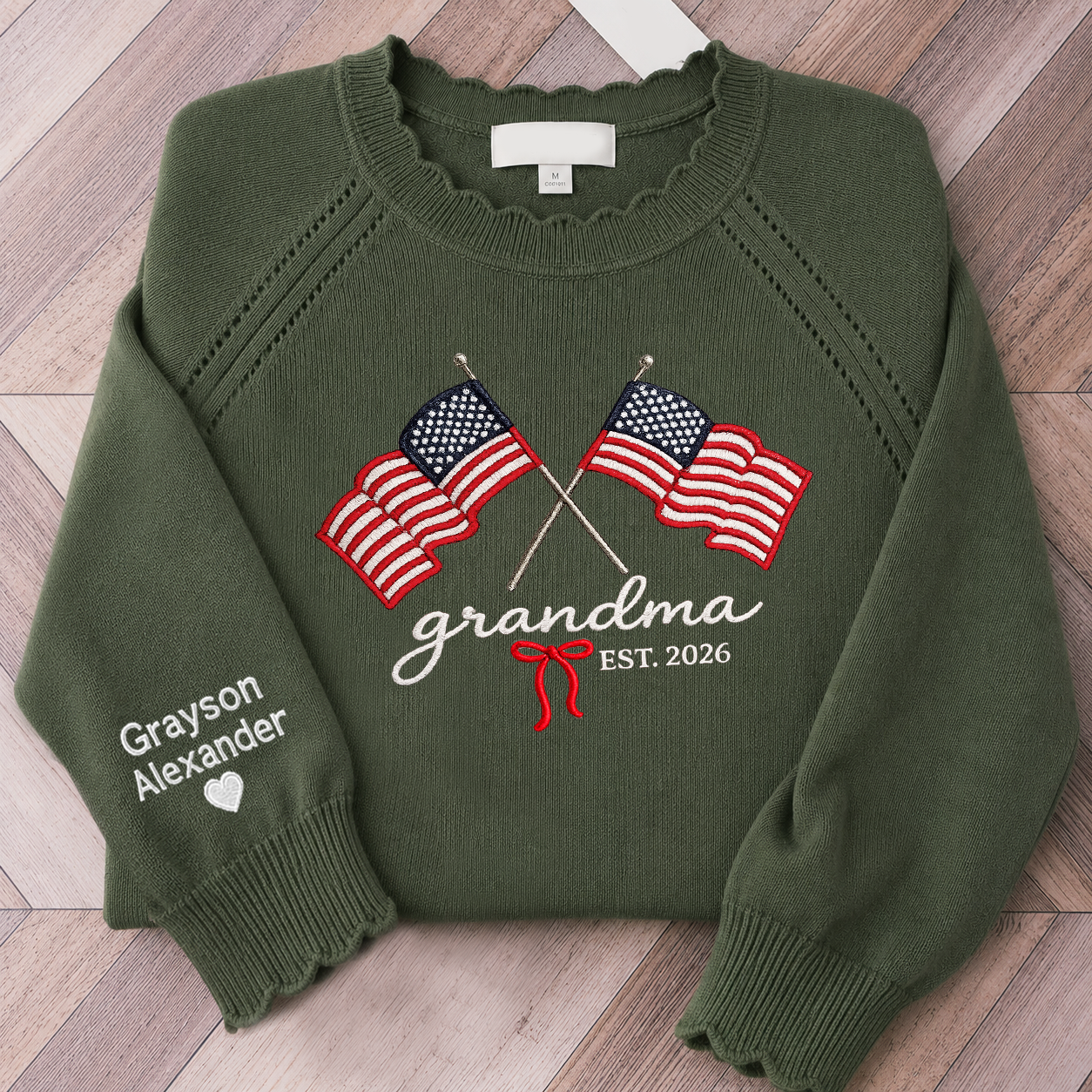 Embroidered Grandma American Flag Knit Sweater, Personalized Crewneck, Custom Sleeve Name, Est 2026 Grandma Gift