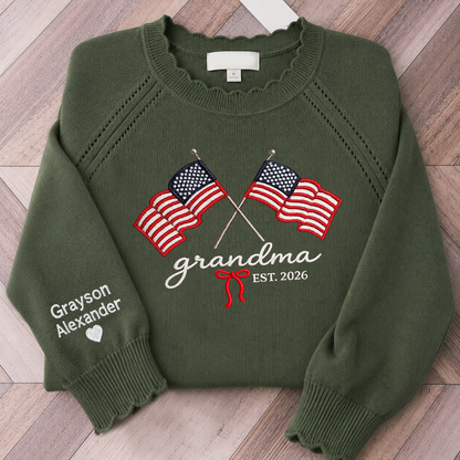 Embroidered Grandma American Flag Knit Sweater, Personalized Crewneck, Custom Sleeve Name, Est 2026 Grandma Gift
