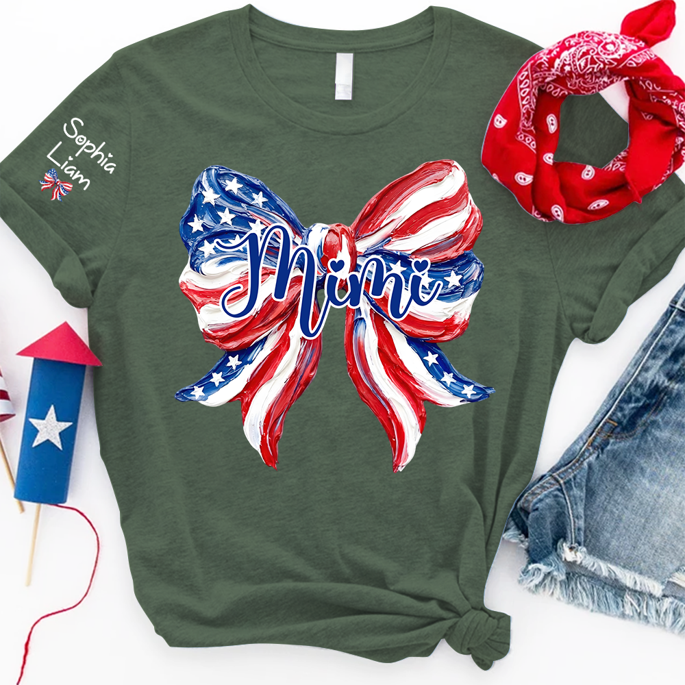 Personalized Mimi Patriotic Bow Shirt, Custom Grandma Tee with Kids Names, Fourth of July Gift for Nana Gigi Women