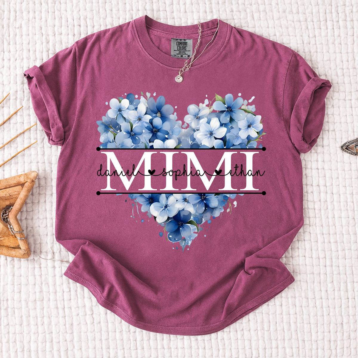 Comfort Colors Personalized Mimi Shirt with Blue Floral Heart Design, Custom Grandma Gift with Grandkids Name