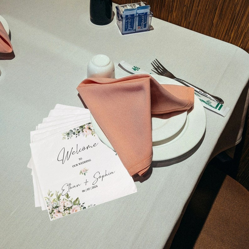 Personalized Floral Wedding Napkins , Custom Wedding Napkins , Cocktail Napkins , Save The Date , Dinner Bridal Shower Engagement Party