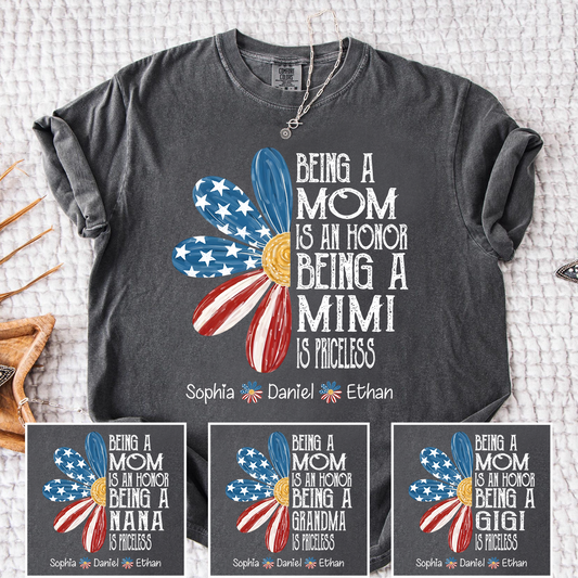 Comfort Colors Custom Mimi T Shirt with Grandkids Names USA Flag Daisy Graphic Being a Mom Is an Honor Mimi Is Priceless Family Name Personalized Apparel