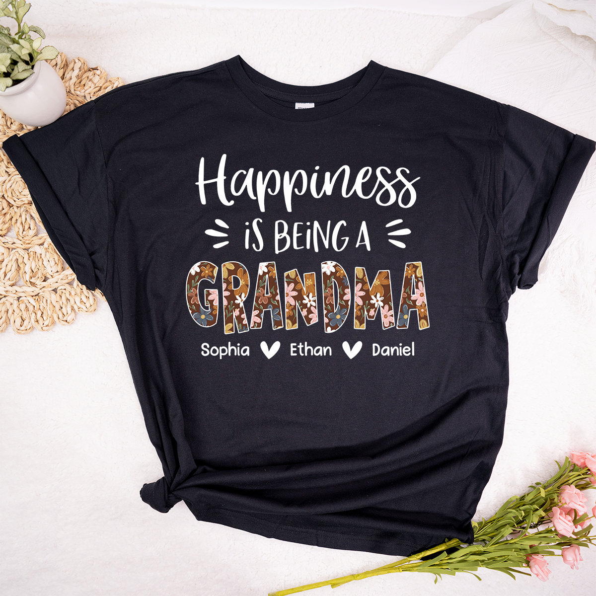 Happiness Is Being a Grandma Shirt, Floral Pattern Grandma Tee, Personalized Name Gift for Grandma