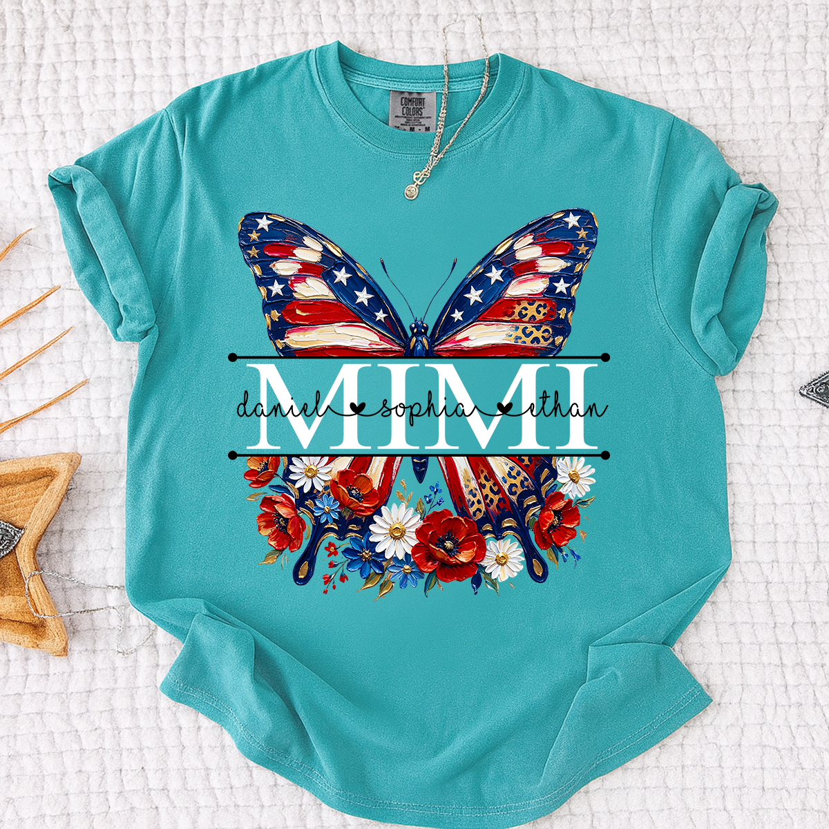 Comfort Custom Mimi T Shirt with Grandkids Names, American Flag Butterfly Family Tee