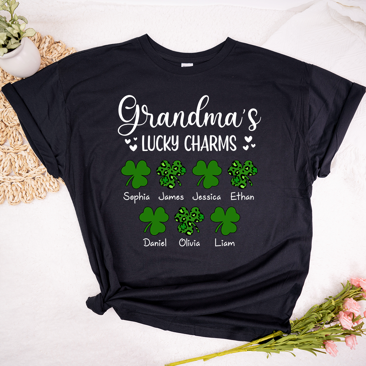 Grandma’s Lucky Charms Shirt, Personalized Grandma T Shirt with Grandkids Names, St Patrick’s Day Shamrock Family Tee for Grandma