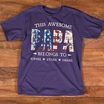 Custom This Awesome PAPA T Shirt, Personalized with Kids Names, Unique American Flag Design for Father's Day