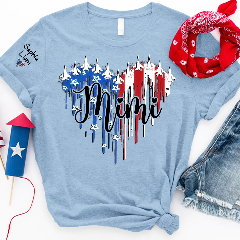 Custom Mimi Shirt with Dripping Flag, Personalized Family Names, American Flag Design, Patriotic Gift for Mimi