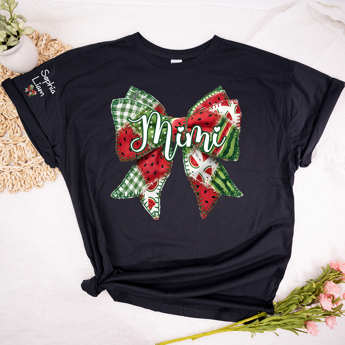 Personalized Mimi Watermelon Bow Shirt, Custom Grandma T Shirt with Grandkids Names, Summer Family Tee for Nana Gigi Mimi