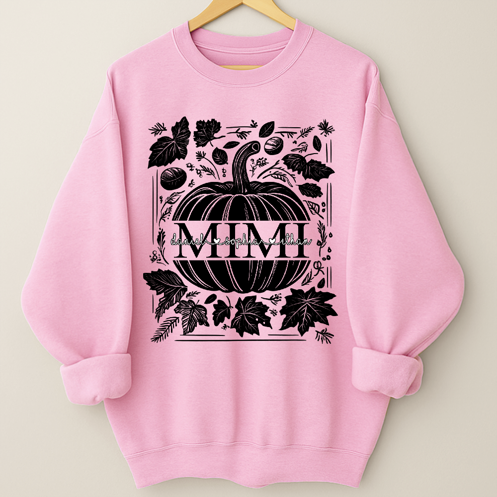 Custom Mimi Autumn Sweatshirt, Pumpkin and Leaf Design with Grandkids Names, Personalized Grandma Fall Apparel