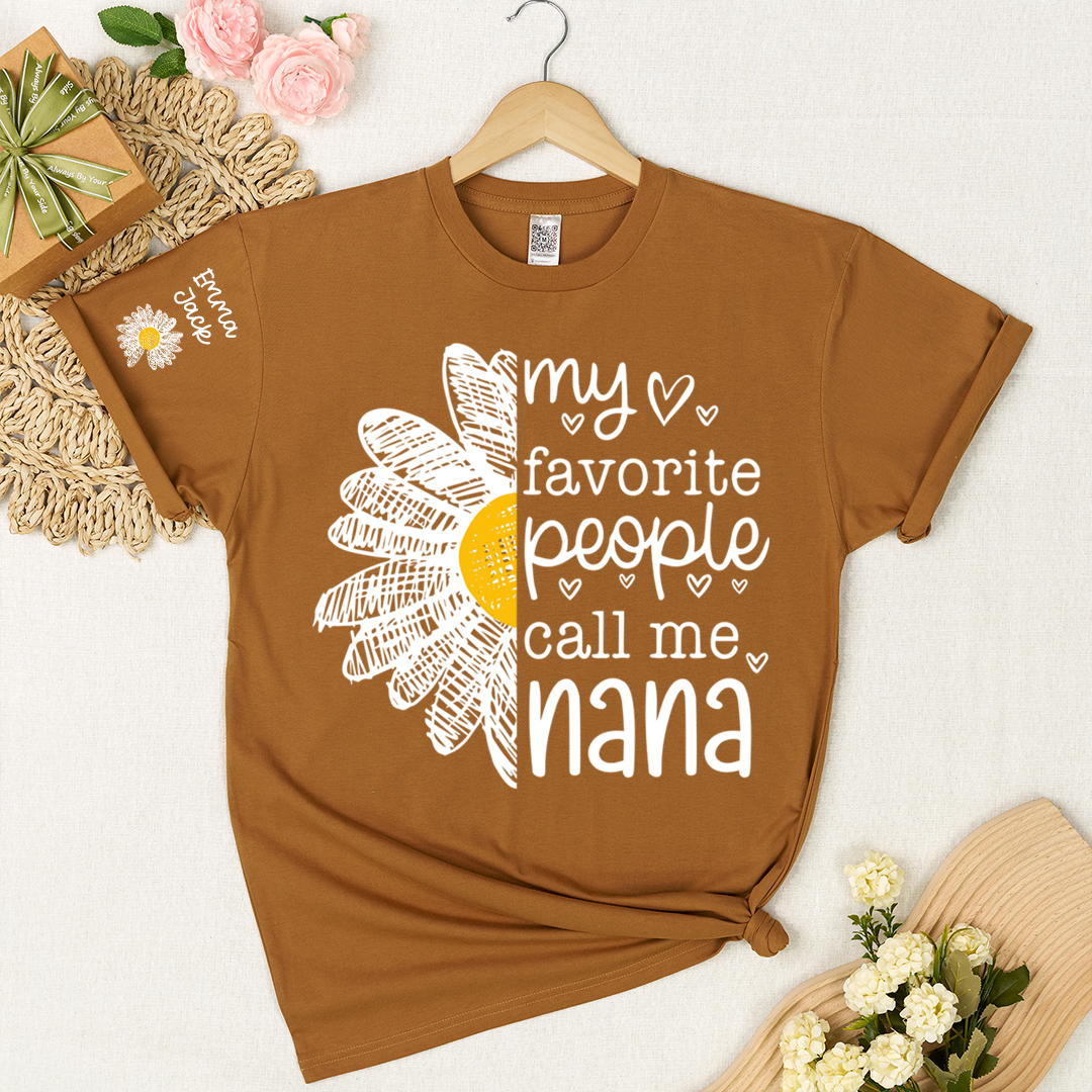 Personalized Nana Floral Shirt with Daisy and Sun Graphics, Custom Grandkids Names