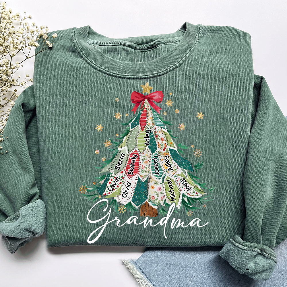 Personalized Grandma Christmas Sweatshirt, Custom Name Tree Ribbon Holiday Shirt