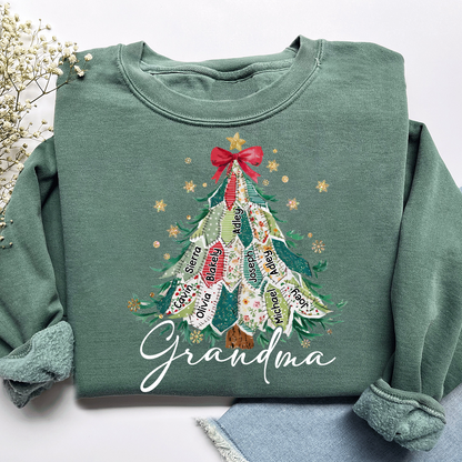 Personalized Grandma Christmas Sweatshirt, Custom Name Tree Ribbon Holiday Shirt