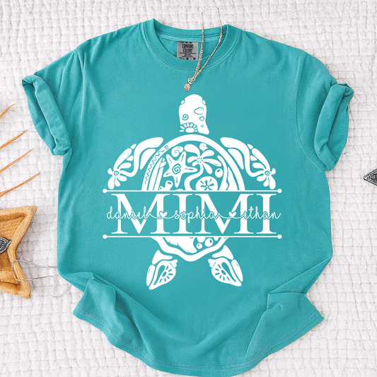 Personalized Mimi Sea Turtle Shirt with Grandkids Names, Coastal Grandma Tee, Custom Turtle Beach T Shirt, Gift for Mimi from Grandchildren