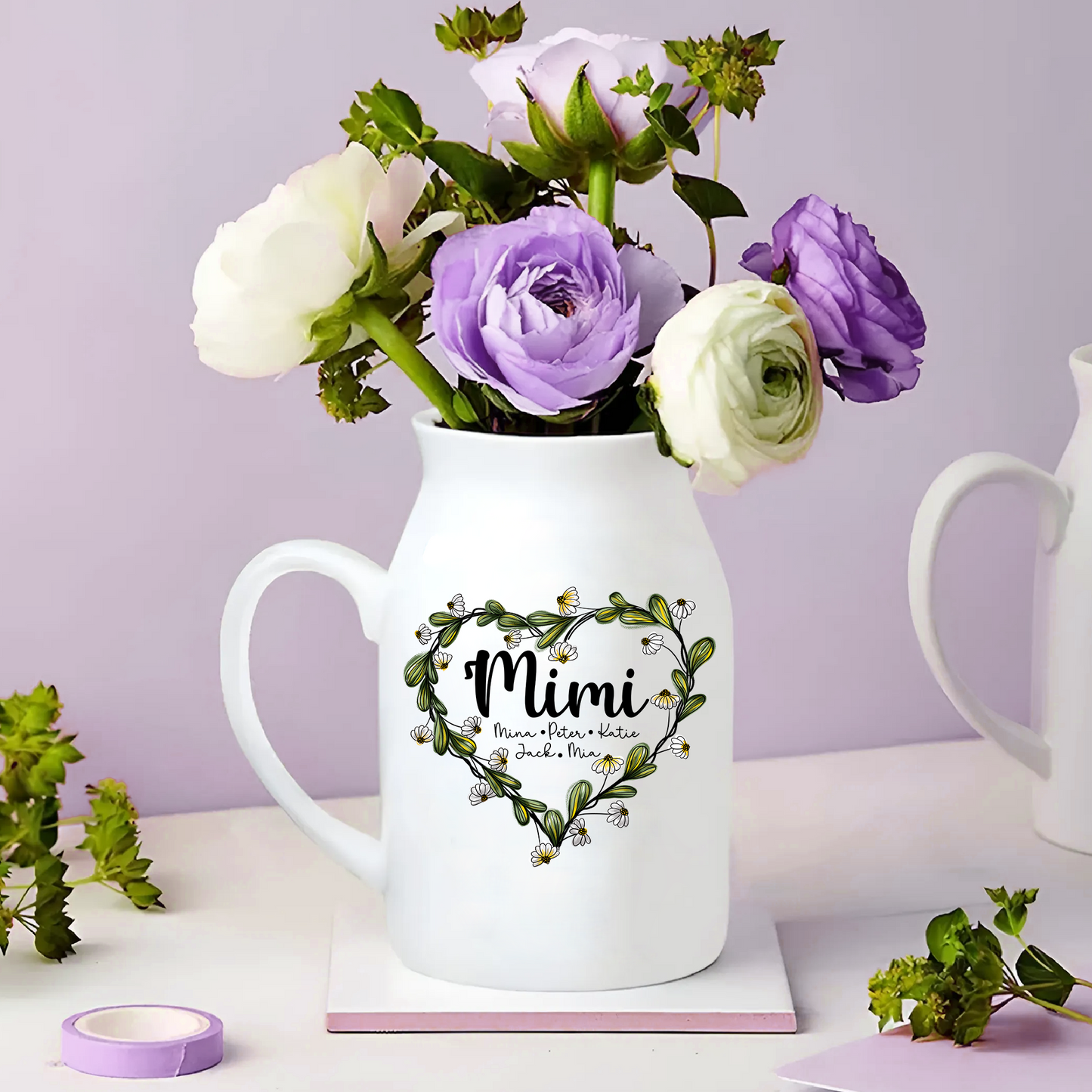 Heart Daisy Mimi Wildflowers And Children - Custom Home Decoration Flower Vase According To Family Requirements - Warm Gift For Mother's Day, Ceramic Flower Vase
