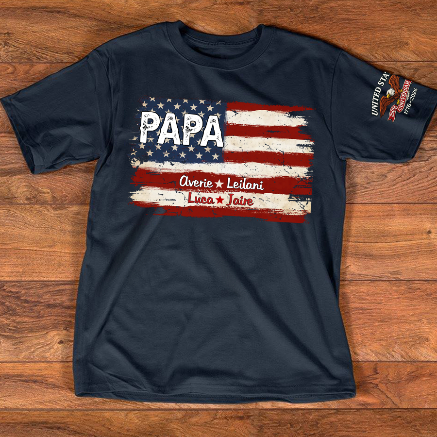 Custom Papa American Flag Shirt with Kids Names, Personalized Patriotic Papa T Shirt Family Gift