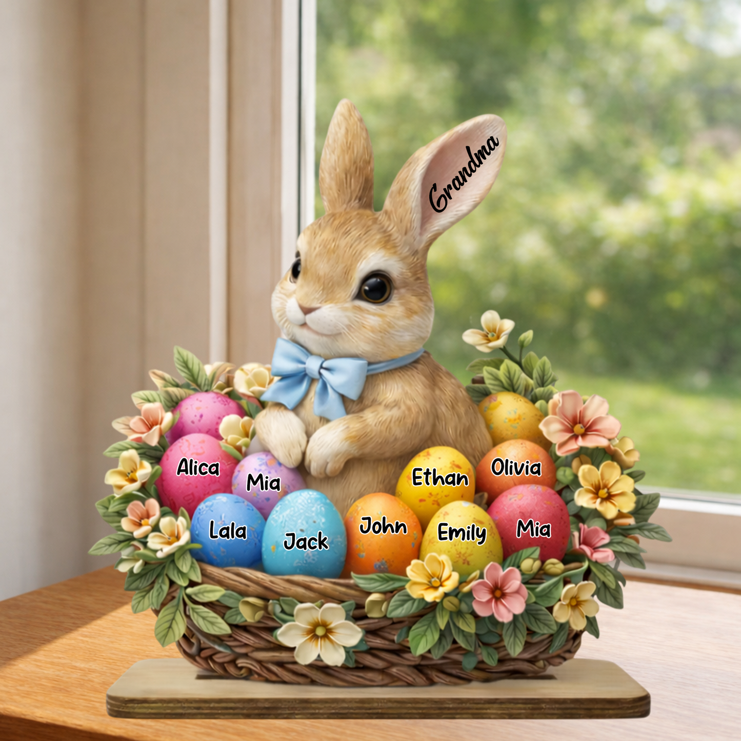 Personalized Easter Bunny Basket Wooden Plaque - Custom Grandkids' Names, "Grandma" Easter Decor with Floral and Egg Design