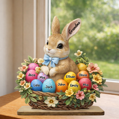 Personalized Easter Bunny Basket Wooden Plaque - Custom Grandkids' Names, "Grandma" Easter Decor with Floral and Egg Design