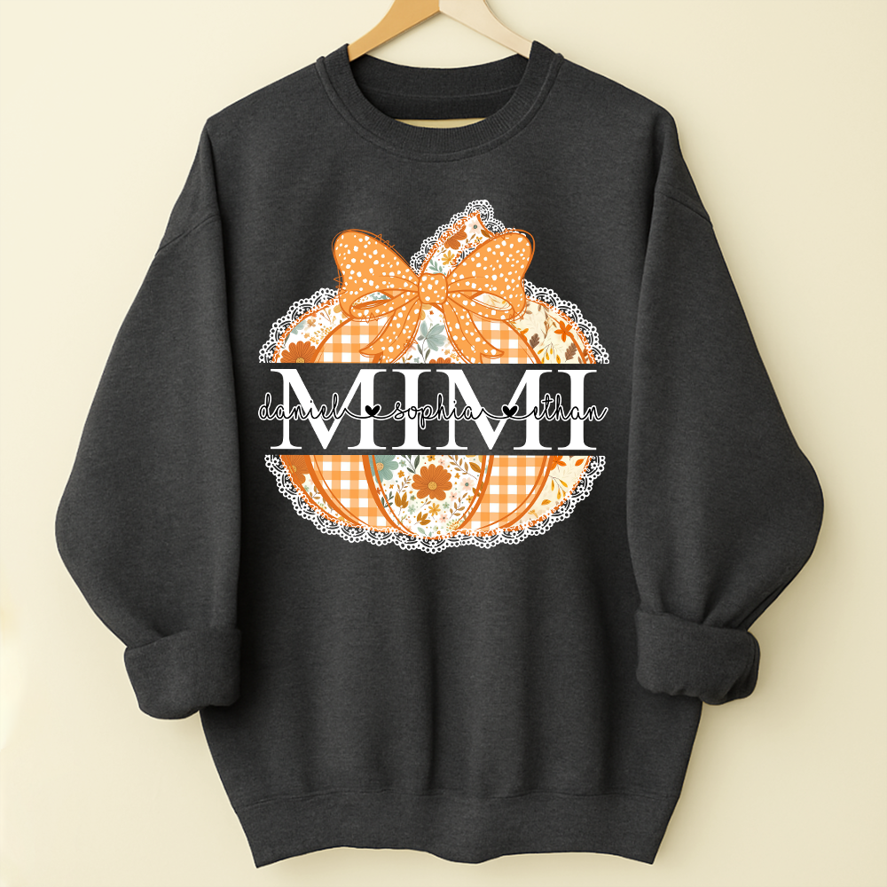 Personalized Mimi Pumpkin Shirt with Grandkids Names, Custom Fall Sweatshirt, Floral Pumpkin Grandma Gift, Thanksgiving Apparel