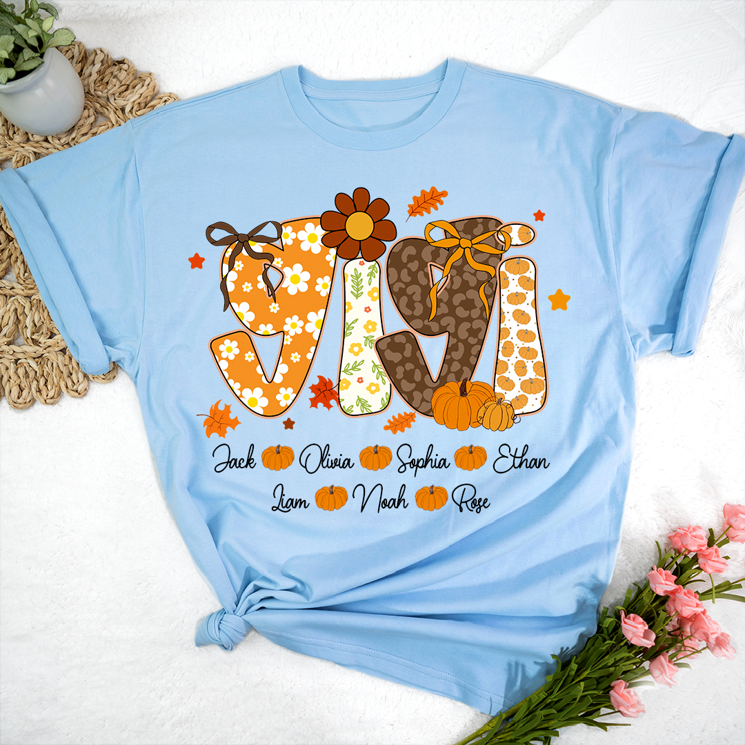 Personalized Pumkin Grandma TShirt, Custom Gigi Nickname with Kids’ Names