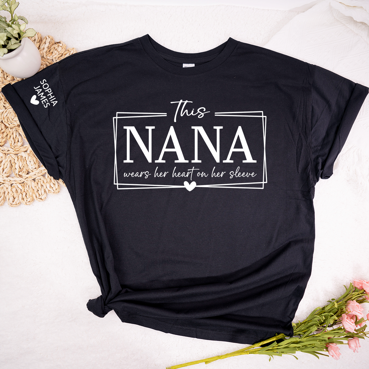 This Nana Wears Her Heart on Her Sleeve Shirt, Personalized Grandma TShirt, Cute Family Apparel for Women, Meaningful Nana Clothing