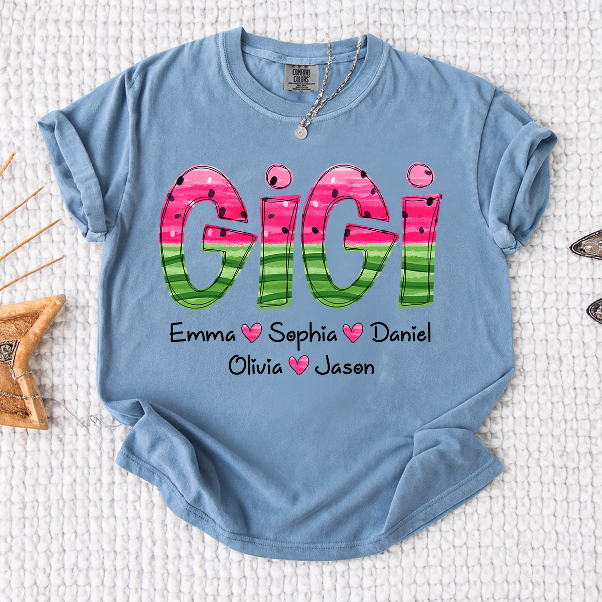 Comfort Colors Custom Gigi Grandma Shirt, Personalized Kids Names Watermelon Graphic Tee, Cute Summer Gift for Nana Mimi Grammy