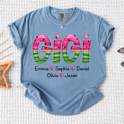 Comfort Colors Custom Gigi Grandma Shirt, Personalized Kids Names Watermelon Graphic Tee, Cute Summer Gift for Nana Mimi Grammy