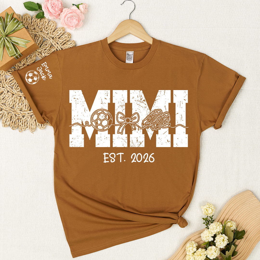 Mimi Est 2026 Soccer Grandma Shirt Personalized Grandkids Names Family T Shirt