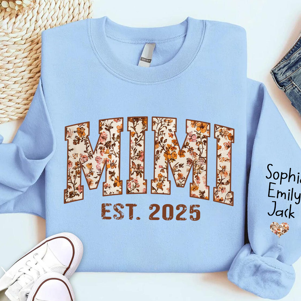Personalized Fall Grandma, Fall Floral Sweatshirt with Name on Sleeve, Grandma Gift