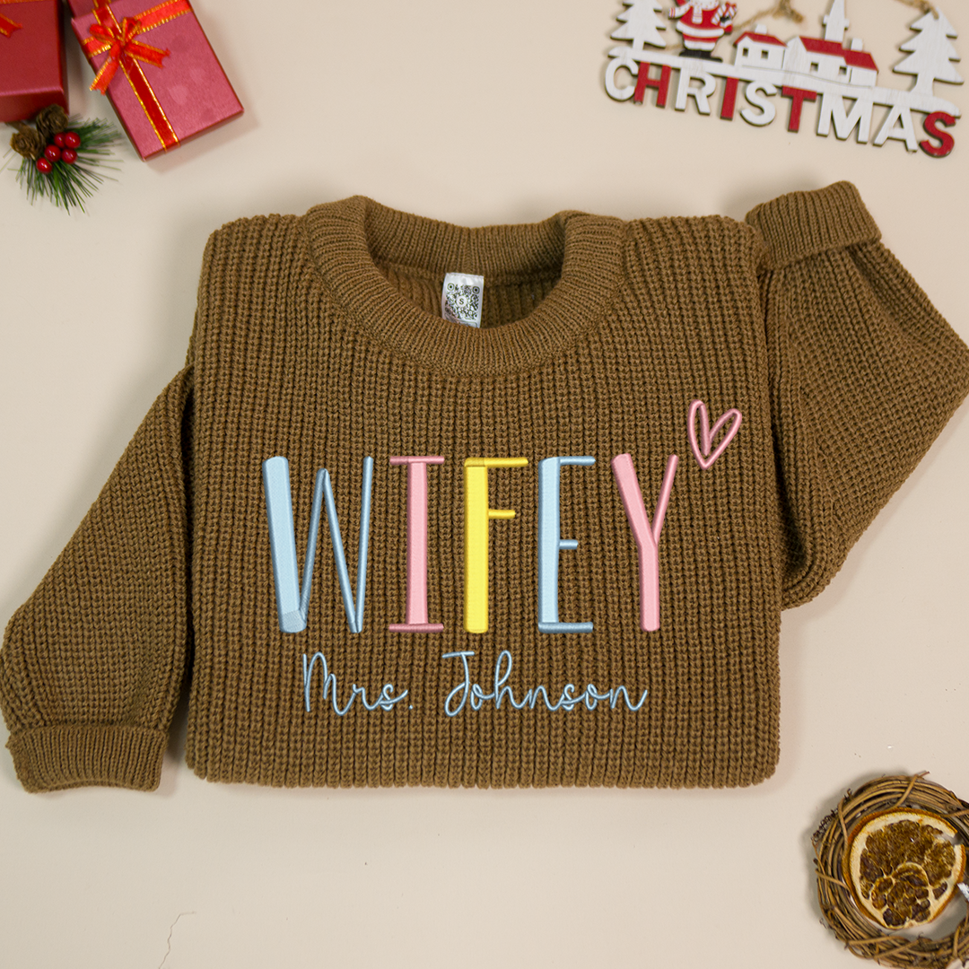 Wifey Embroidered Color Sweater, Christmas Gift Knit Sweater – Personalized Wifey Sweater with Wedding Gift, Gift for Bride
