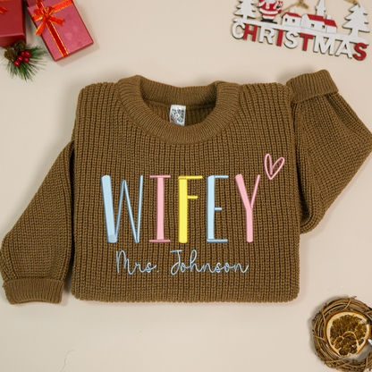 Wifey Embroidered Color Sweater, Christmas Gift Knit Sweater – Personalized Wifey Sweater with Wedding Gift, Gift for Bride