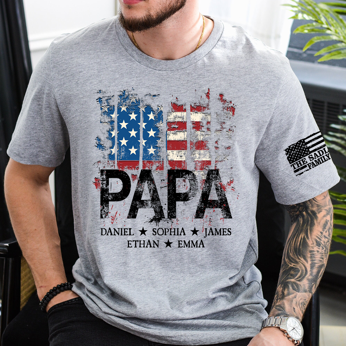 Personalized Papa Shirt for 4th of July – American Flag Custom Dad Gift with Family Name and Kids Names