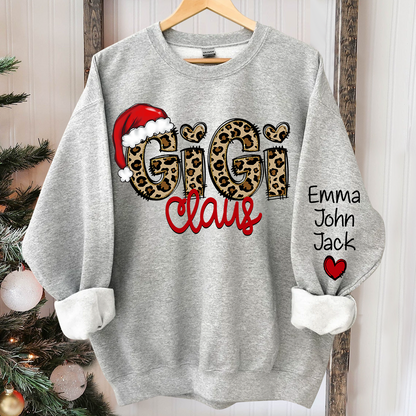 Personalized Gigi Claus Leopard Sweatshirt, Custom Grandma and Grandkids Sweatshirt