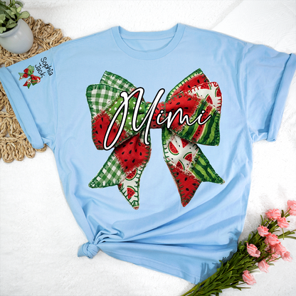 Mimi Watermelon Bow T-Shirt Personalized Grandma Shirt Summer Family Names Tee