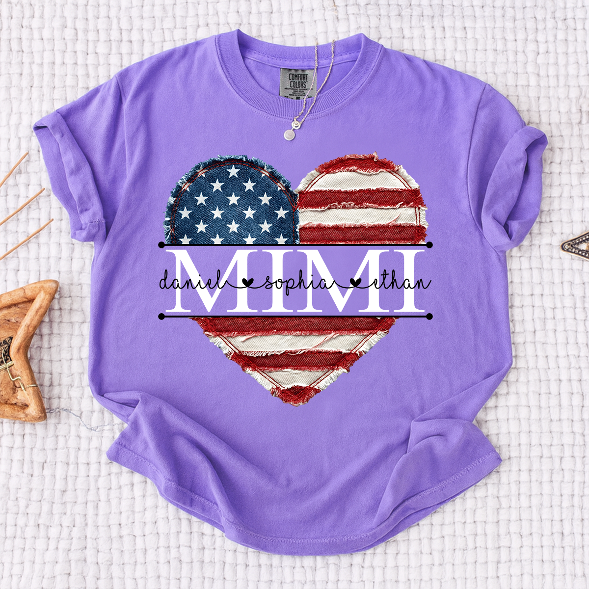 Comfort Colors Mimi Shirt with USA Flag Heart, Personalized with Kids Names, Custom Grandmother T Shirt, Ideal for Mother's Day, Patriotic Gift