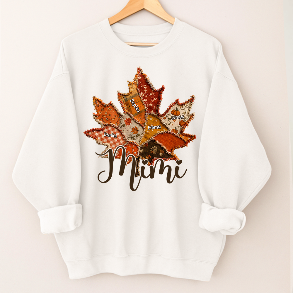 Personalized Mimi Fall Sweatshirt, Custom Grandkids Names Leaf Patchwork Sweatshirt, Autumn Grandma Gift, Cozy Thanksgiving Outfit