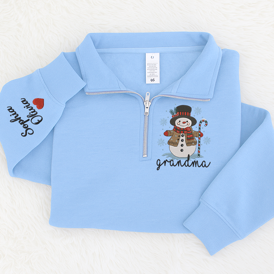 Personalized Grandma Christmas Quarter Zip, Custom Embroidered Snowman Sweater