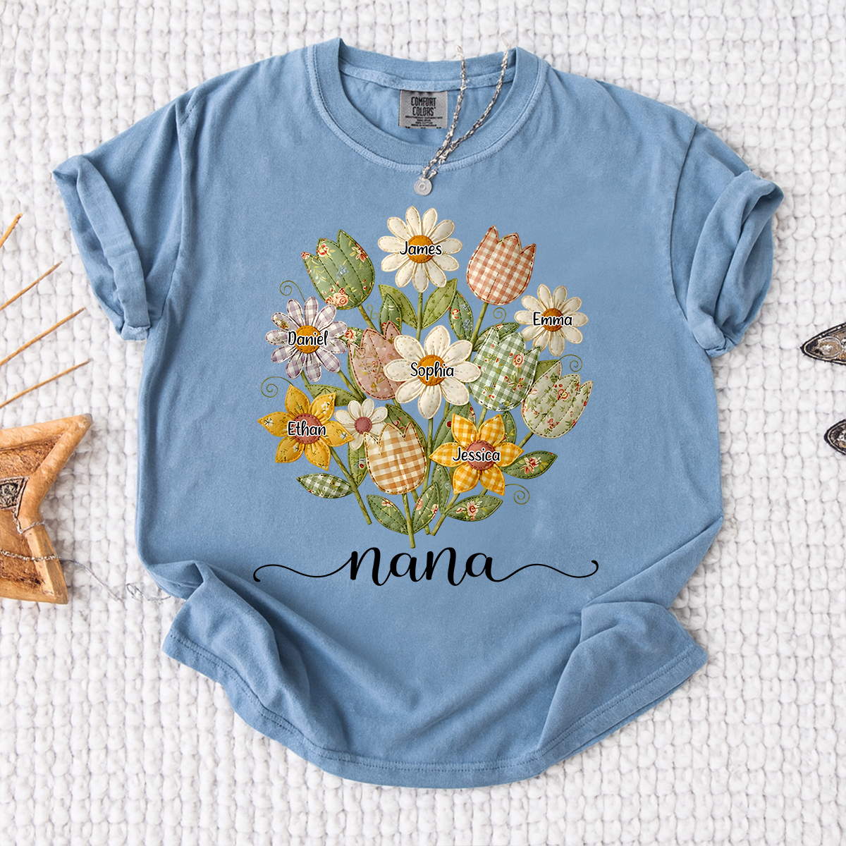 Comfort Colors Personalized Nana Shirt with Grandkids Names, Custom Flower Bouquet Grandma T Shirt, Family Gift for Nana