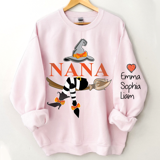 Personalized Nana Witch Halloween Sweatshirt, Custom Grandma With Grandkids Holiday Sweatshirt