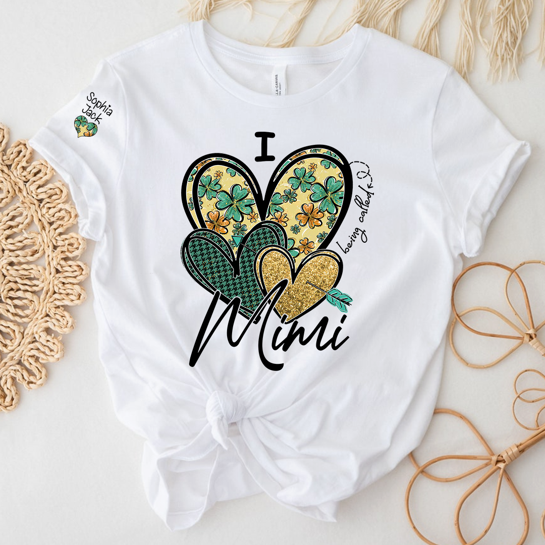 I Love to Be Called Mimi Heart Design T-shirt For St. Patrick's Day, Personalized Clover Design T-shirt for Grandma with Grandchildren's Names